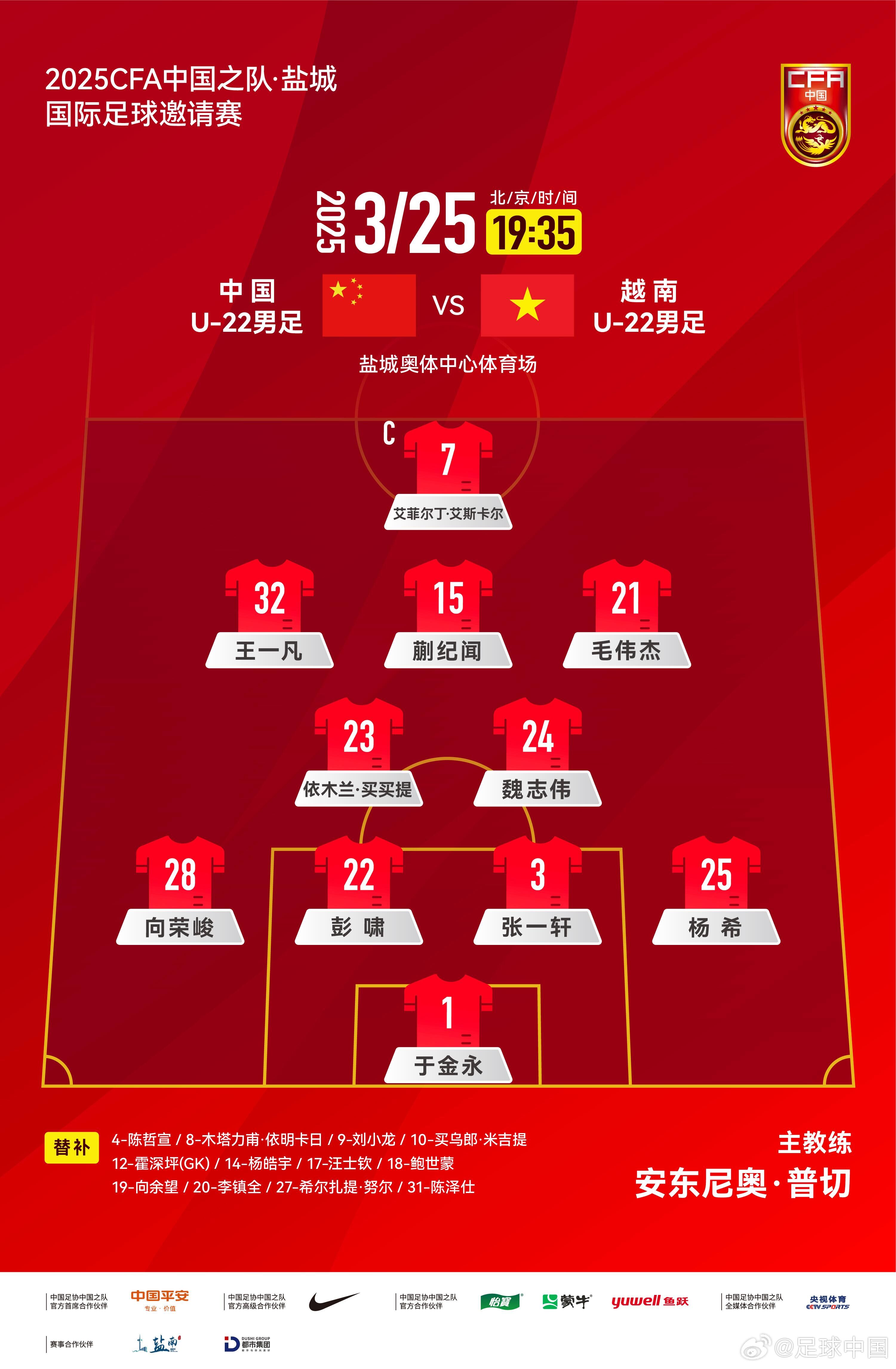 鹽城國(guó)際足球邀請(qǐng)賽中國(guó)U-22男足vs越南U-22男足，中國(guó)隊(duì)首發(fā)陣容